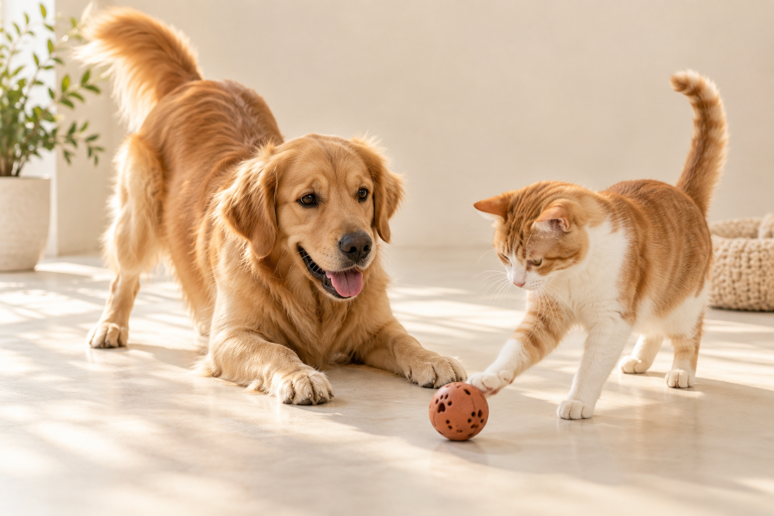 Cachorro dourado e gato laranja e branco brincando juntos com uma bolinha